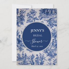 Invitación Toile de Jouy Ducha azul y blanca de novias