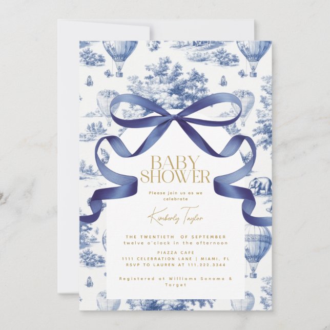 Invitación Toile De Jouy Dusty Blue Bow Baby Shower (Anverso)