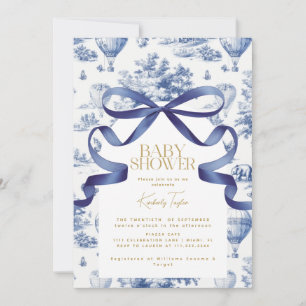 Invitación Toile De Jouy Dusty Blue Bow Baby Shower