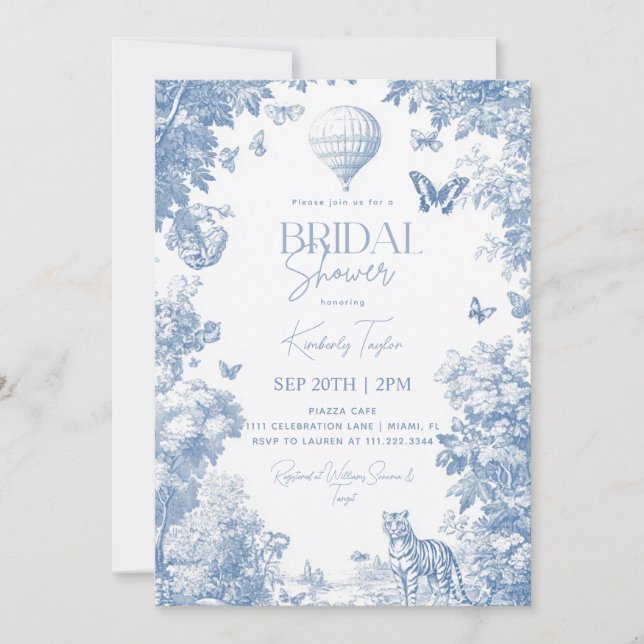 Invitación Toile De Jouy Dusty Blue Elegal Bridal Shower (Anverso)