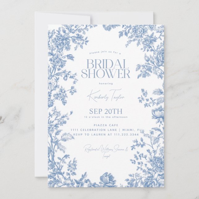 Invitación Toile De Jouy Dusty Blue Floral Bridal Shower (Anverso)
