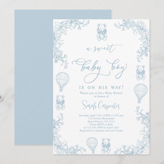 Invitación Toile De Jouy Hot Air Balloon Baby Shower Boy (Anverso / Reverso)