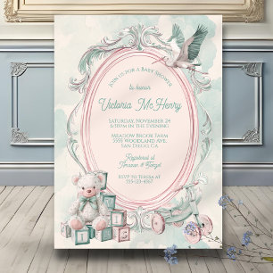 Invitación Toile de Jouy marco ducha de bebé Rosa