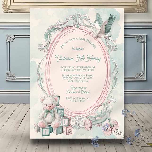 Invitación Toile de Jouy marco ducha de bebé Rosa (Subido por el creador)