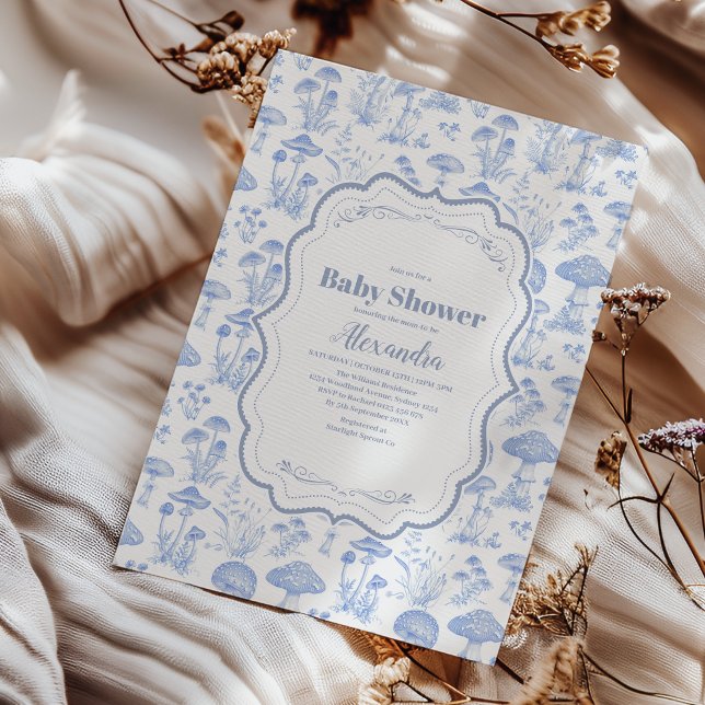 Invitación Toile De Jouy Mushrooms Woodland Baby Shower (Subido por el creador)