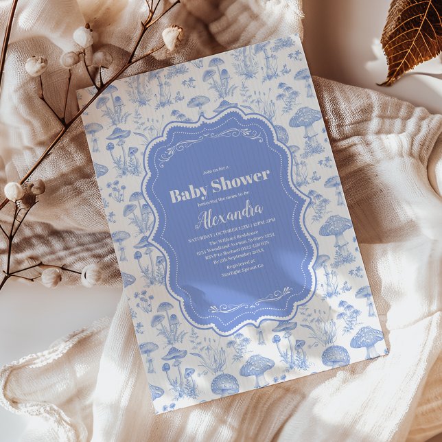 Invitación Toile De Jouy Mushrooms Woodland Baby Shower (Subido por el creador)