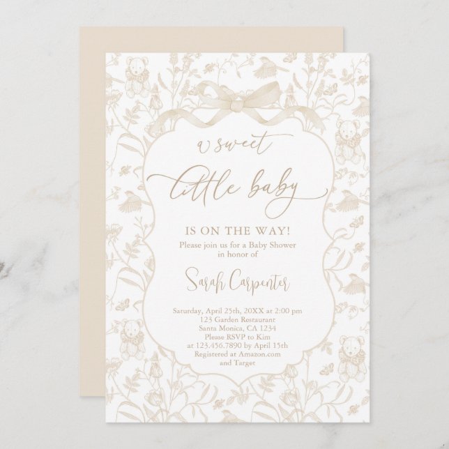 Invitación Toile De Jouy Neutral Baby Shower con Bow (Anverso / Reverso)