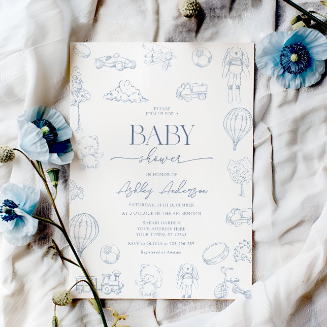 Invitación Toile De Jouy Nursery Baby Shower con Bow Boy (Subido por el creador)