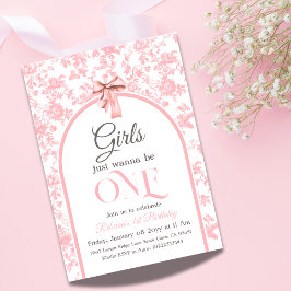 Invitación Toile de Jouy Pink Bow Chica Primer cumpleaños