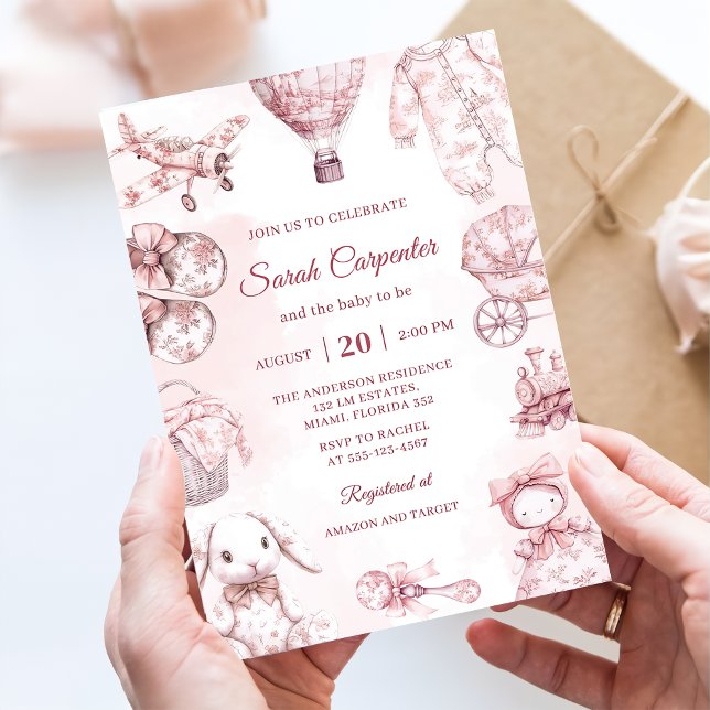 Invitación Toile De Jouy Pink Girl Baby Shower Party (Subido por el creador)
