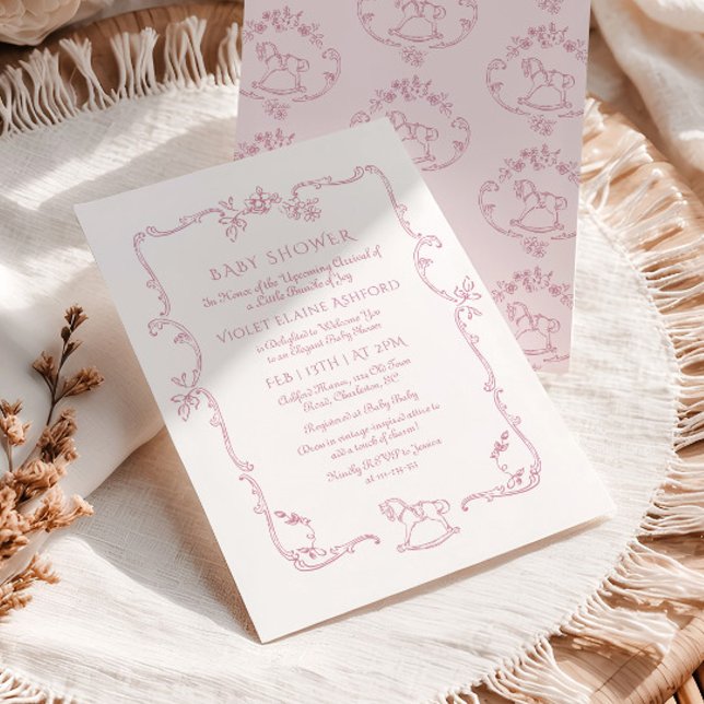 Invitación Toile de Jouy rocking horse Pink Baby Girl shower (Subido por el creador)
