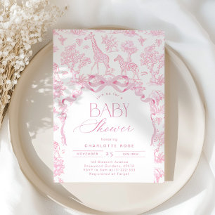 Invitación Toile de Jouy rosa animales de Safari baby shower