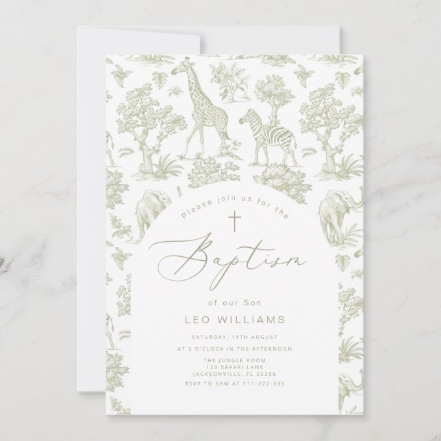 Invitación Toile de Jouy Safari Animales Green Boy Baptismo (Anverso)