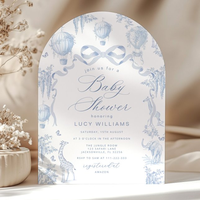 Invitación Toile de Jouy Safari Arch Bow Baby Boy Shower (Subido por el creador)