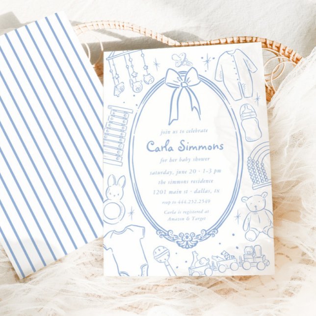 Invitación Toile De Jouy Whimsical Blue Baby Shower (Subido por el creador)