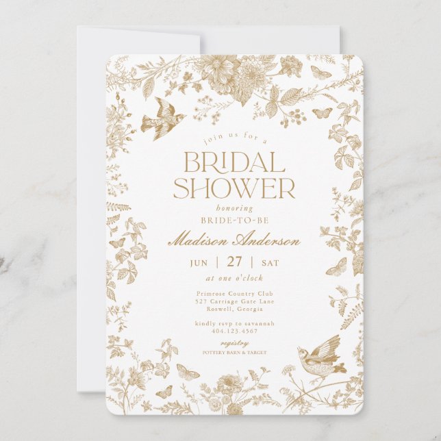 Invitación Toile De Oro De Jouy Ducha Bridal Floral Francesa (Anverso)
