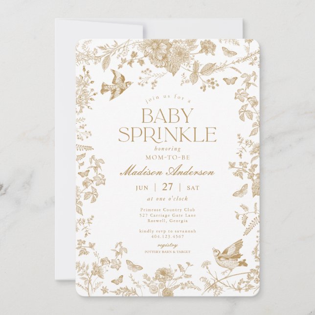 Invitación Toile dorado De Jouy Bebé floral francés Sprinkle (Anverso)