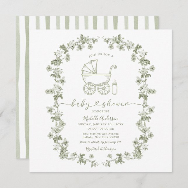 Invitación Toile Floral Baby Shower Sage Green Baby Shower (Anverso / Reverso)
