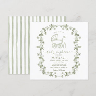 Invitación Toile Floral Baby Shower Sage Green Baby Shower