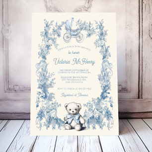 Invitación Toile Floral Teddy Bear Carrier Baby Shower