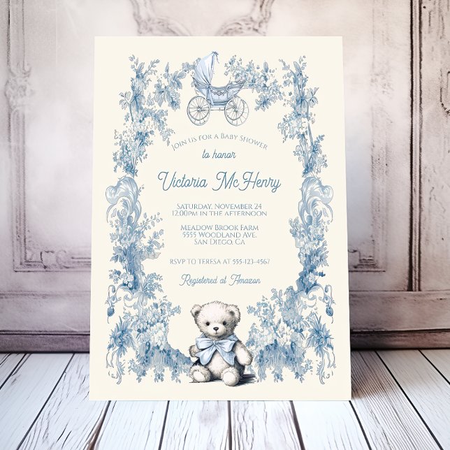 Invitación Toile Floral Teddy Bear Carrier Baby Shower (Subido por el creador)
