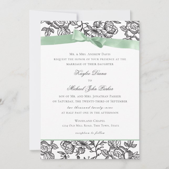 Invitación Toile francés y Sage Green Bow (Anverso)