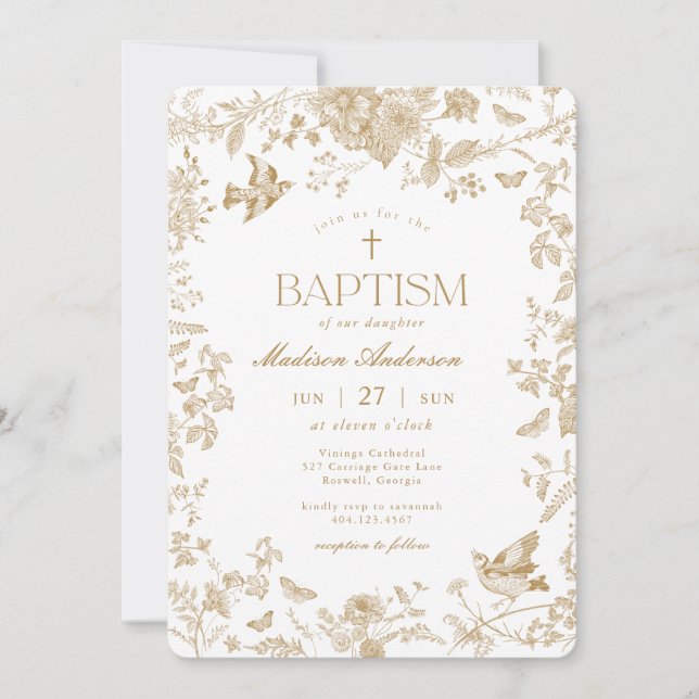 Invitación Toile Gold De Jouy Bautismo Floral Francés (Anverso)