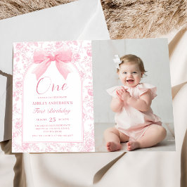 Invitación Toile Pink Bow Chinoiserie Primera foto de cumplea