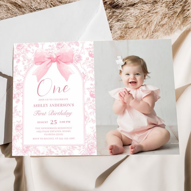 Invitación Toile Pink Bow Chinoiserie Primera foto de cumplea (Subido por el creador)