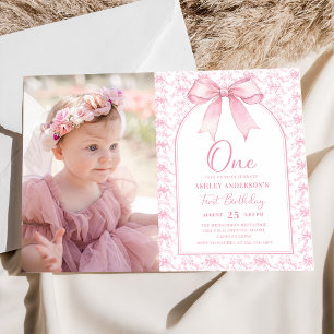 Invitación Toile Pink Bow Chinoiserie Primera foto de cumplea