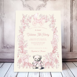 Invitación Toile Pink Floral Teddy Bear Carrier Baby Shower