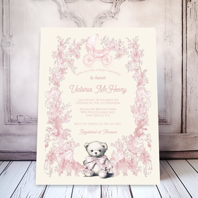 Invitación Toile Pink Floral Teddy Bear Carrier Baby Shower (Subido por el creador)