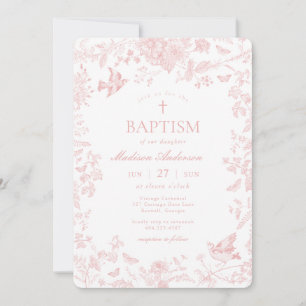 Invitación Toile Rosa De Jouy Bautismo Floral Francés