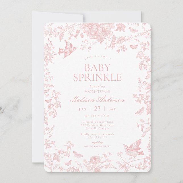 Invitación Toile Rosa De Jouy Bebé Floral Francés Sprinkle (Anverso)