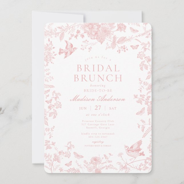 Invitación Toile Rosa De Jouy Brunch Bridal Floral Francés (Anverso)