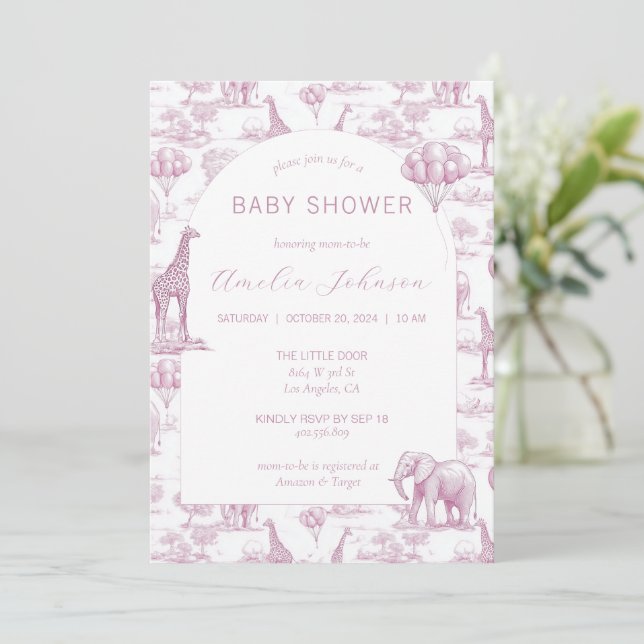 Invitación Toile Safari Pink Baby Shower Invitation Animal (Anverso de pie)