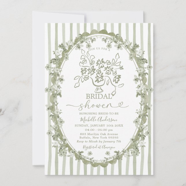 Invitación Toile Sage Floral Bouquet Bow Bridal Shower (Anverso)
