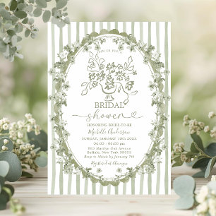 Invitación Toile Sage Floral Bouquet Bow Bridal Shower