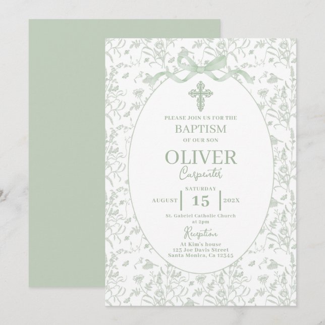 Invitación Toile Sage Green Baptism (Anverso / Reverso)
