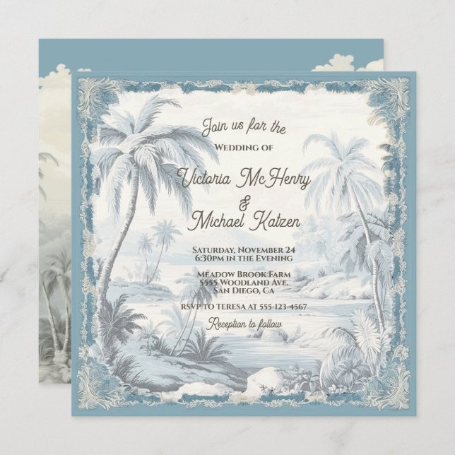 Invitación Toile Tropical Palm Trees Island Boda (Anverso / Reverso)