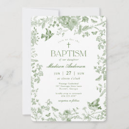 Invitación Toile Verde De Jouy Bautismo Floral Vintage