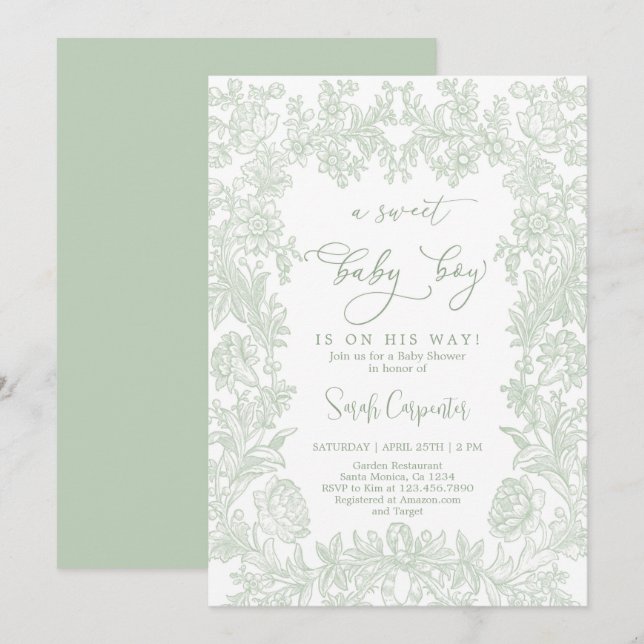 Invitación Toile Vintage frame Baby Shower Boy (Anverso / Reverso)