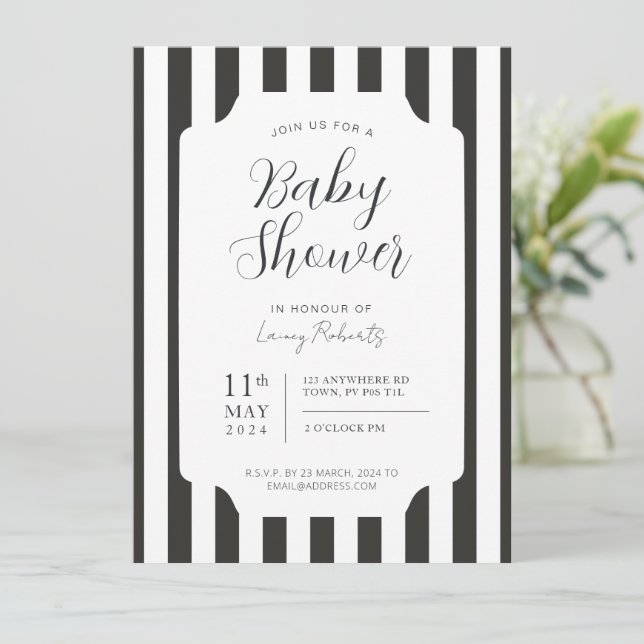 Invitación Toldo de Rayas Blancas y Negras Sin Género (Anverso de pie)