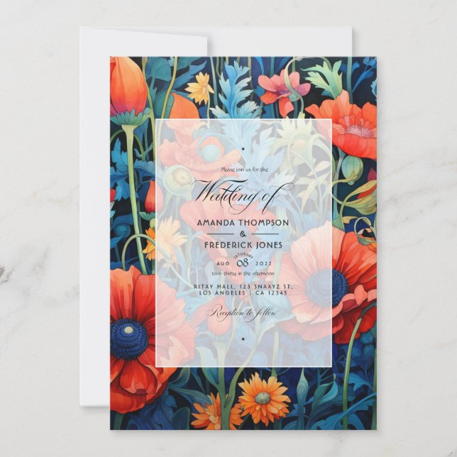 Invitación Tomate de cerezo y Boda floral azul real (Anverso)