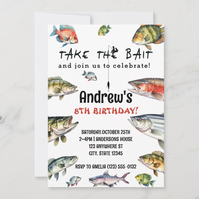 Invitación Tome el cumpleaños de la pesca de la acuarela del  (Anverso)