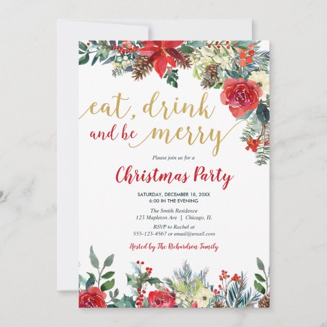 Invitación Tome una bebida y sé fiesta de Navidades Floral de (Anverso)