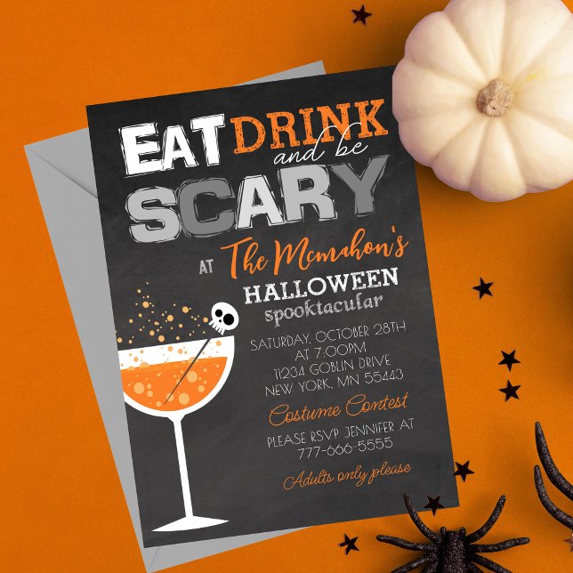 Invitación Tómese una bebida y tenga miedo Fiesta adulto de H (Eat Drink and Be Scary Elegant Adult Chalkboard Halloween Invitations. Available Digital or Printed)