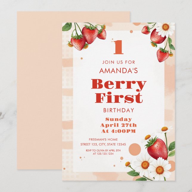 Invitación Tones blandos de melocotón fresas Daisy 1º cumplea (Anverso / Reverso)
