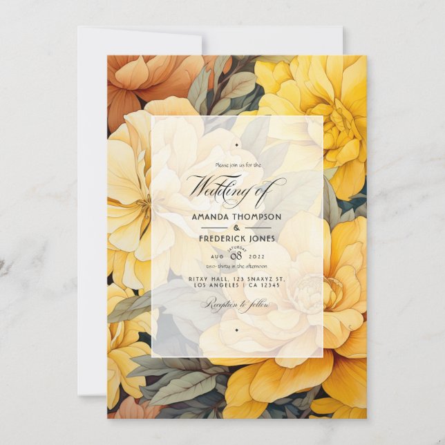 Invitación Tones de la Tierra y Boda floral amarillo canario (Anverso)