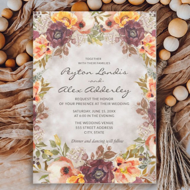 Invitación Tones de tierra románticos caen Boda floral de oto (Rust and orange watercolor floral wedding invitation for fall weddings)